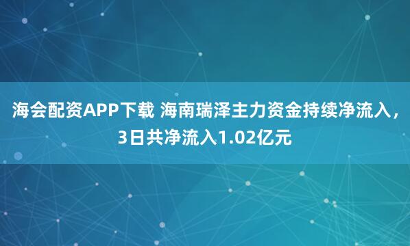 海会配资APP下载 海南瑞泽主力资金持续净流入，3日共净流入1.02亿元